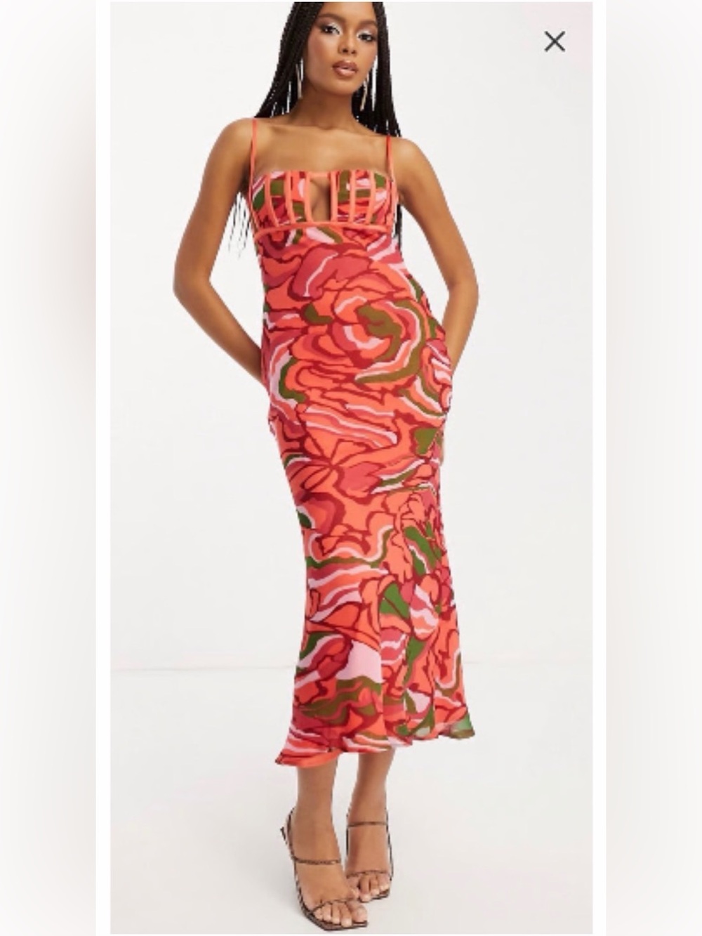 ASOS DESIGN Corset Bust Bias Cut Midi Dress size 10 Floral Red Green Pink Orange